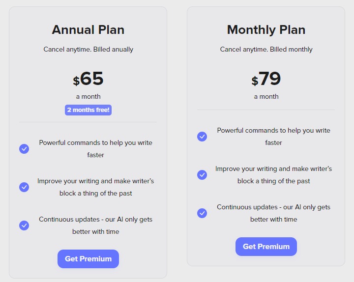 ShortlyAI ai tool for content writing - picture of pricing table